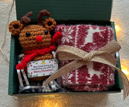 Christmas Comfort Gift Box - Crochet Doll & Cozy Wool Socks - Basketful Gifts