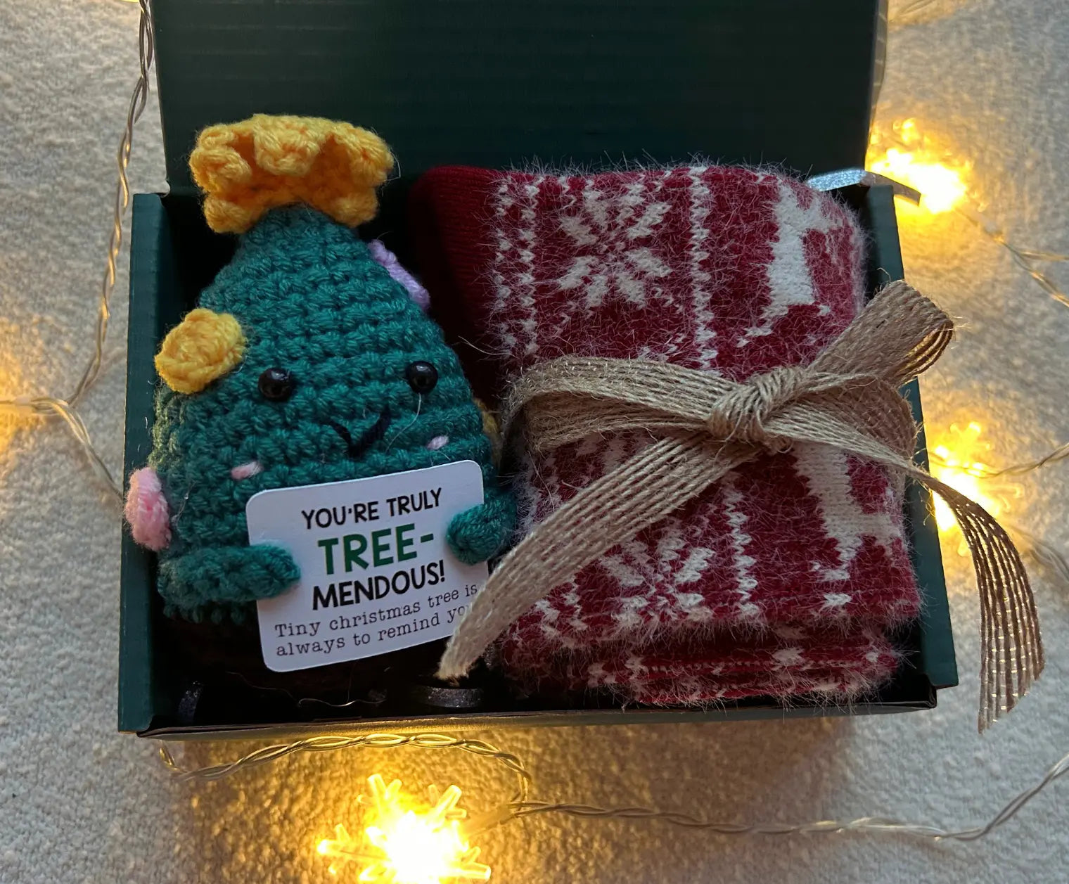 Christmas Comfort Gift Box - Crochet Doll & Cozy Wool Socks - Basketful Gifts