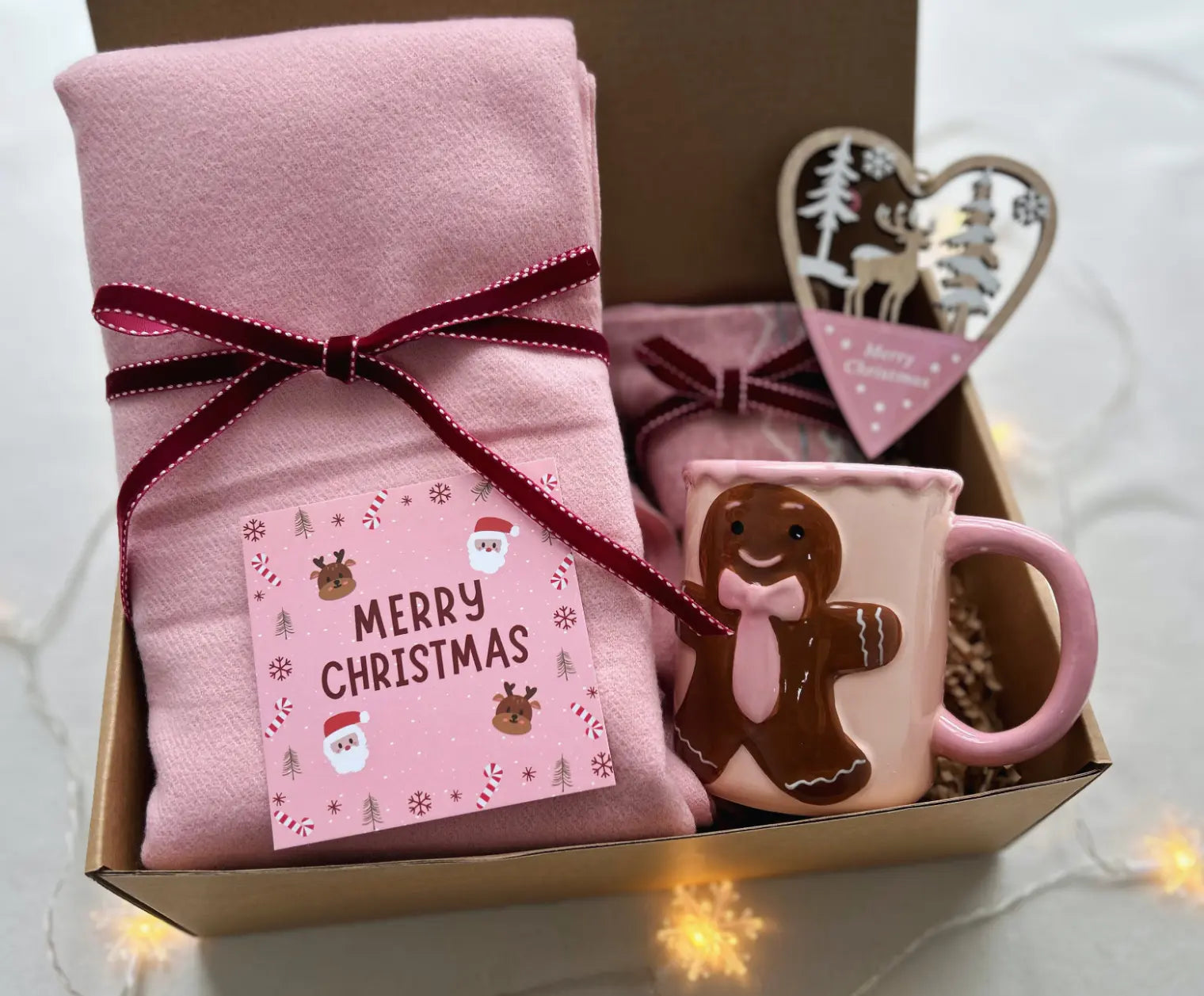 Christmas Comfort Gift for Her - Pink Scarf & Holiday Socks - Basketful Gifts