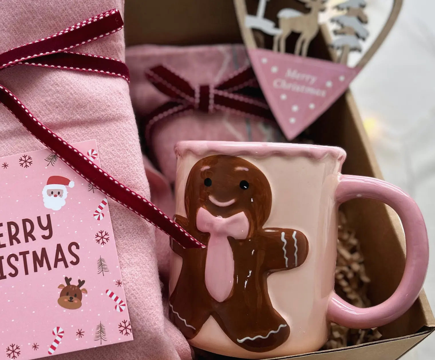 Christmas Comfort Gift for Her - Pink Scarf & Holiday Socks - Basketful Gifts