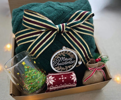 Christmas Comfort Gift - Green Blanket & Xmas Tree Glasses - Basketful Gifts