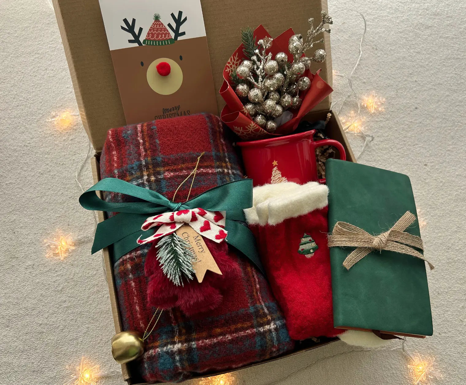 Christmas Gift Baskets for Friends & Family with Plaid Wrap Cozy Xmas Socks - Basketful Gifts