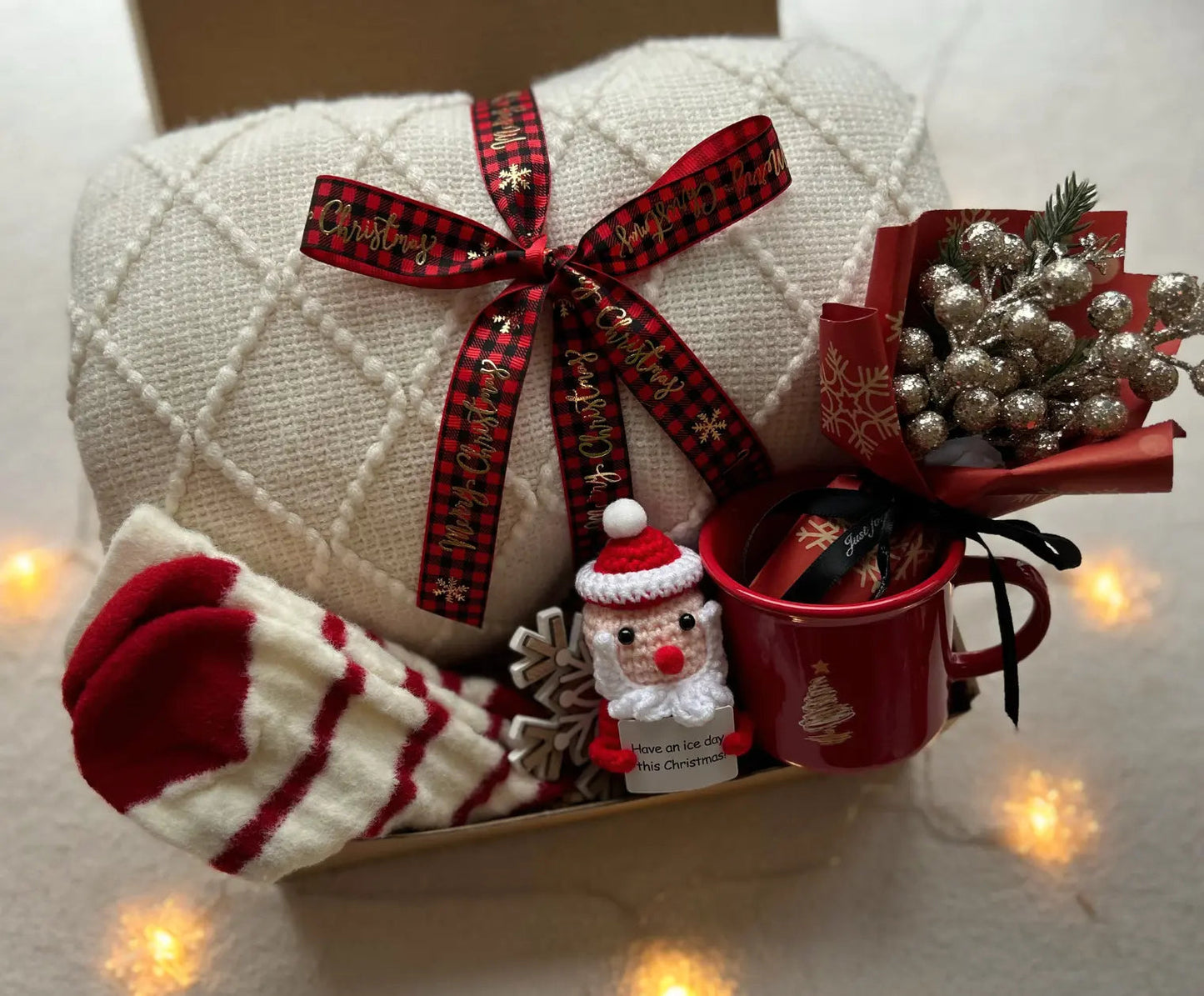 Christmas Gift Box with Crochet Santa - Cozy Holiday Blanket - Basketful Gifts