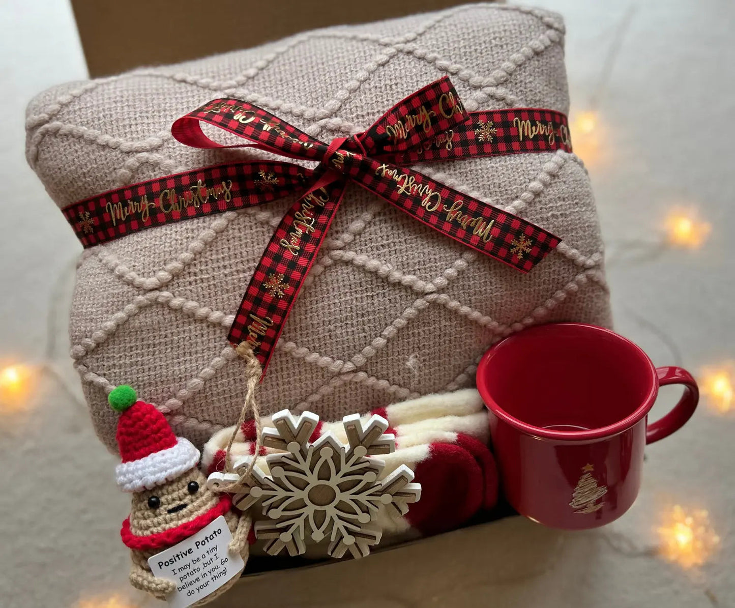 Christmas Gift Box with Crochet Santa - Cozy Holiday Blanket - Basketful Gifts