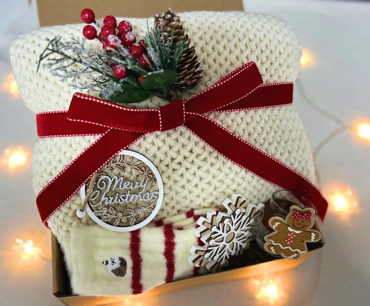 Christmas Gift Older Woman - Cozy Blanket & Fluffy Xmas Socks - Basketful Gifts