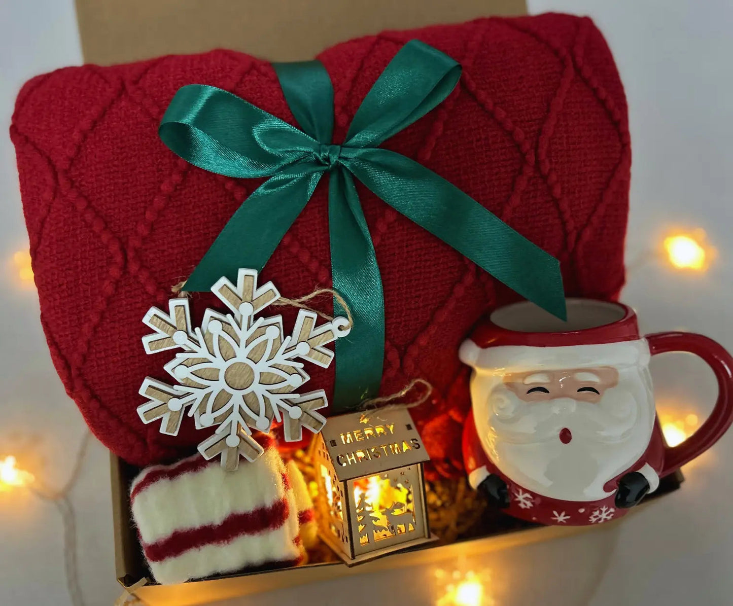 Christmas Gifts for Elderly Woman - Burgundy Blanket & Santa Mug - Basketful Gifts