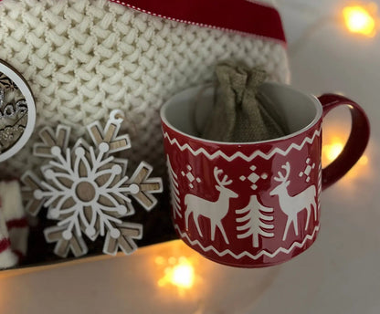 Christmas Gifts for Older Mothers - Burgundy Blanket & Reindeer Mug - Basketful Gifts