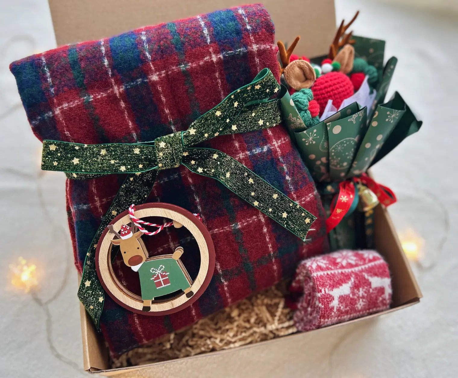 Christmas Present Delivery Gift - Reindeer Scarf & Crochet Bouquet - Basketful Gifts