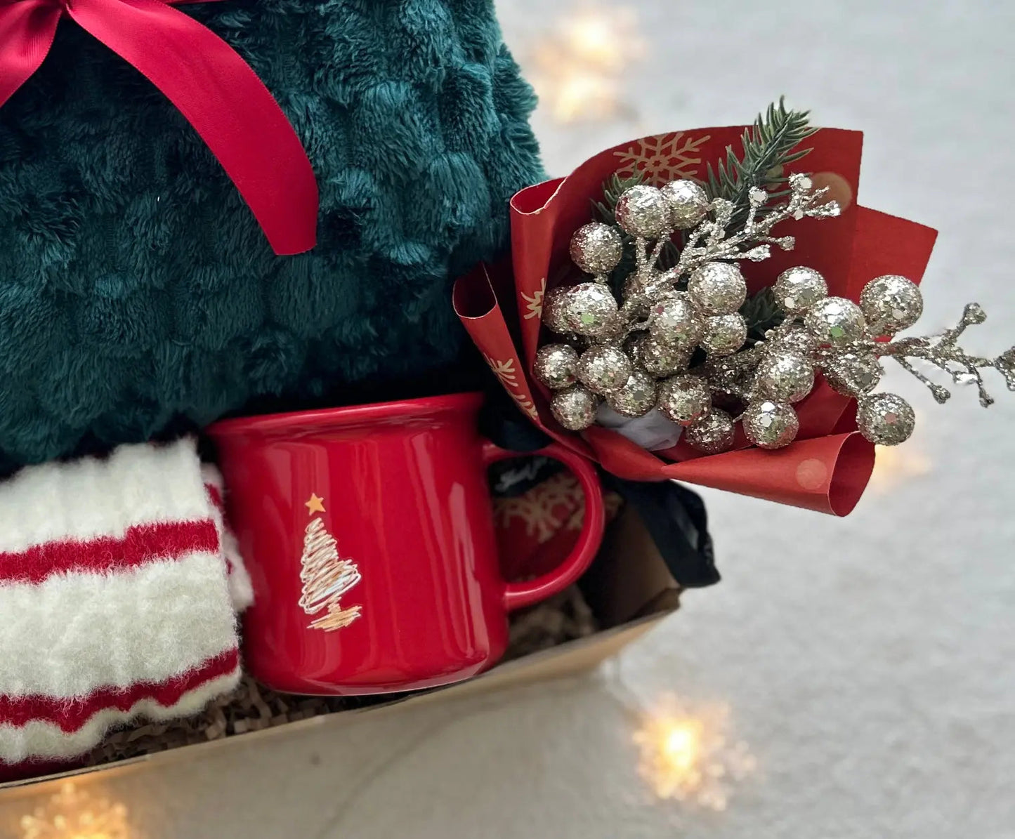 Christmas Theme Gift Basket for Family & Friends with Blanket & Socks - Basketful Gifts
