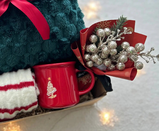 Christmas Theme Gift Basket for Family & Friends with Blanket & Socks - Basketful Gifts