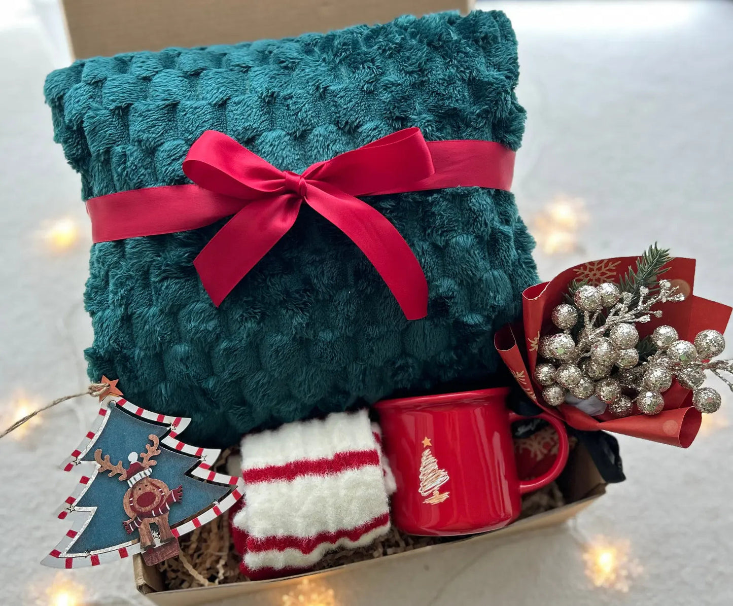 Christmas Theme Gift Basket for Family & Friends with Blanket & Socks - Basketful Gifts
