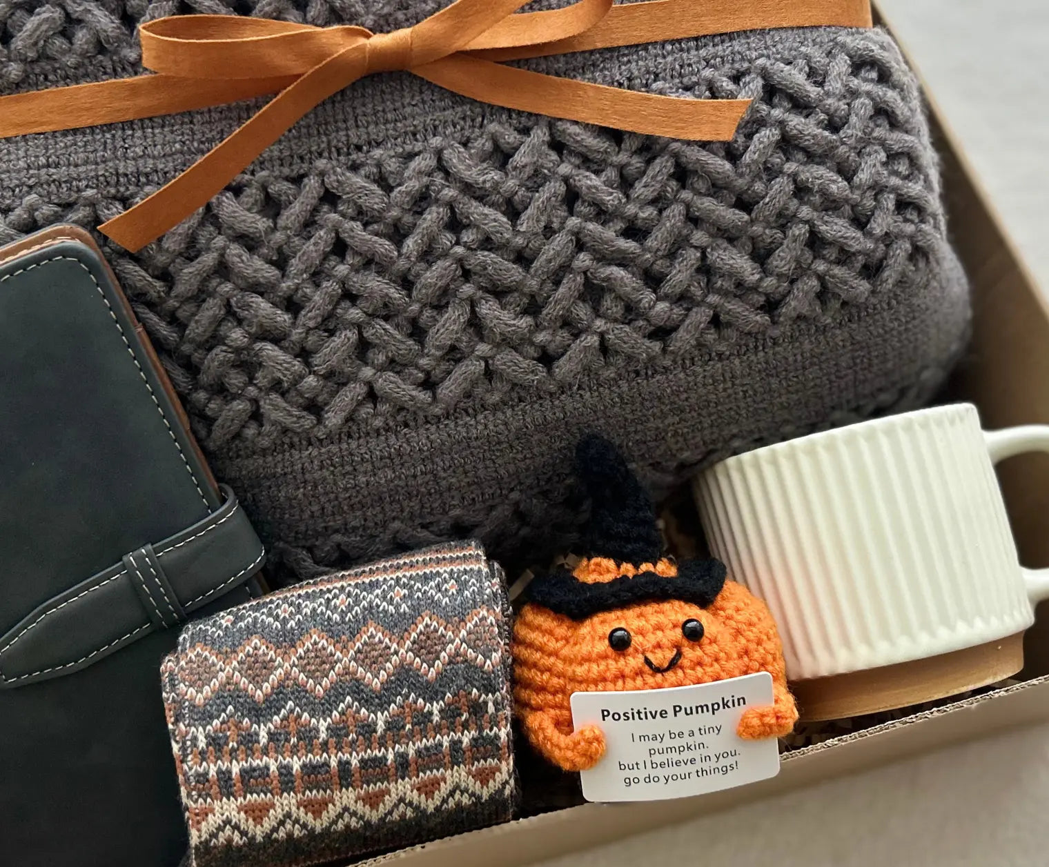 Cozy Care Package for Him with Blanket & Crochet Emotional Support Pumpkin - Basketful Gifts