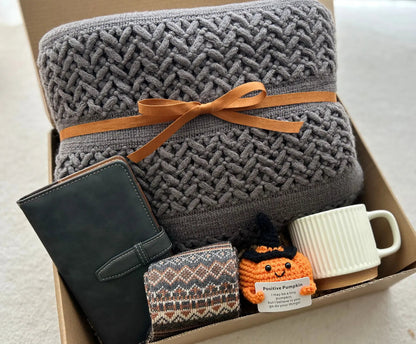 Cozy Care Package for Him with Blanket & Crochet Emotional Support Pumpkin - Basketful Gifts
