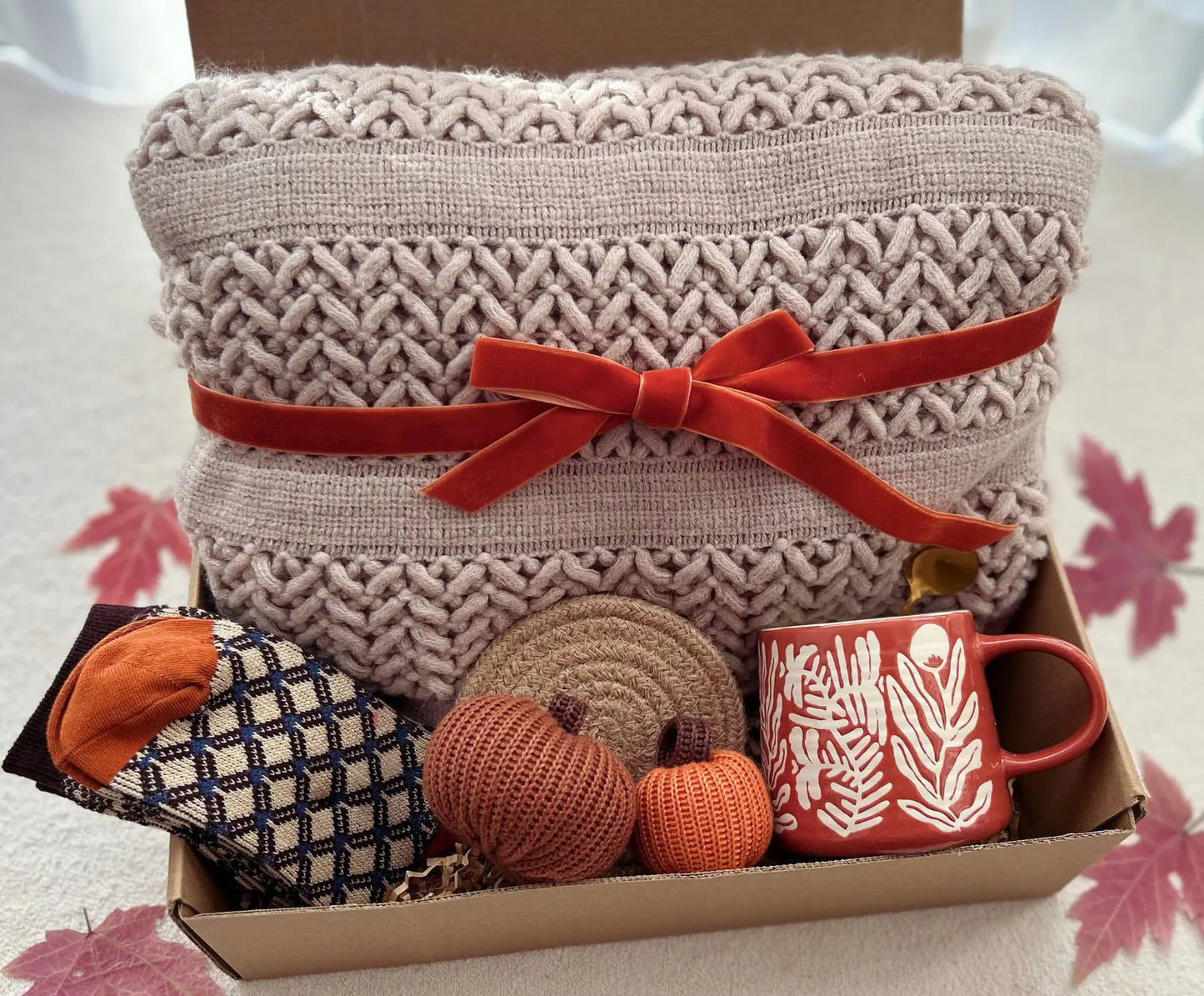 Cozy Care Package with Boho Crochet Blanket Crochet Pumpkin - Basketful Gifts