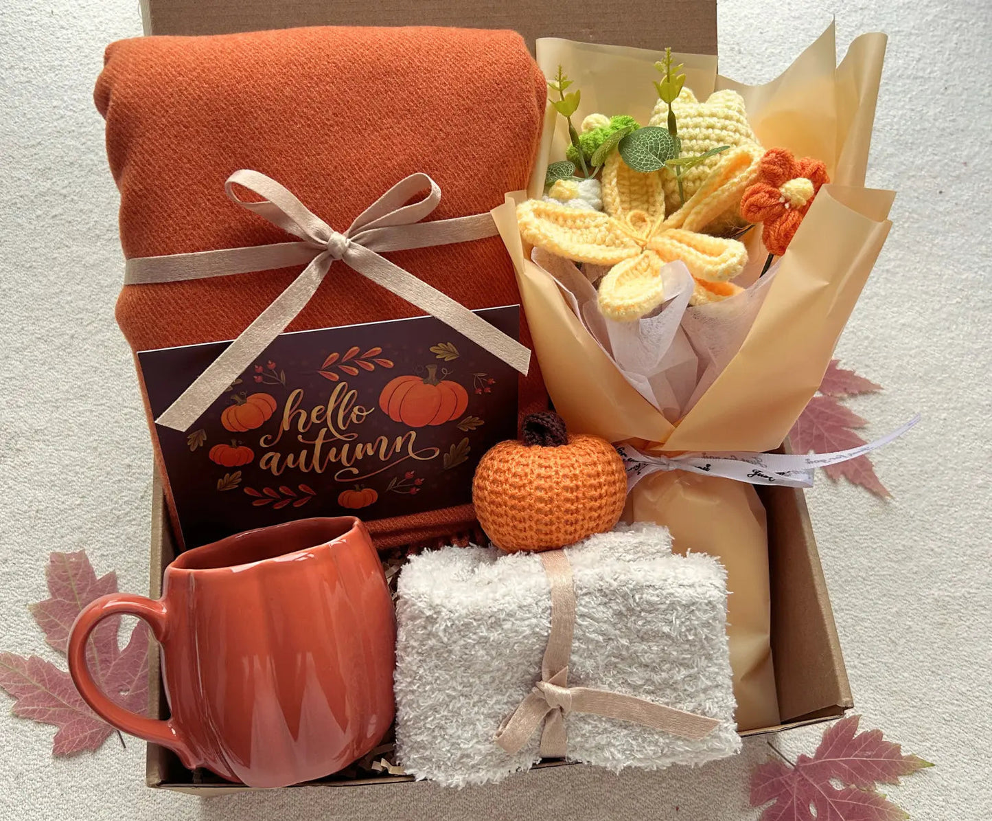 Cozy Care Package with Burnt Orange Wrap Crochet Bouquet - Basketful Gifts