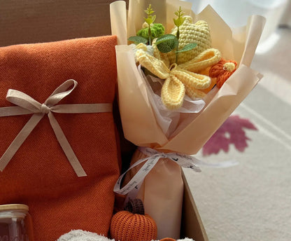 Cozy Care Package with Burnt Orange Wrap Crochet Bouquet - Basketful Gifts