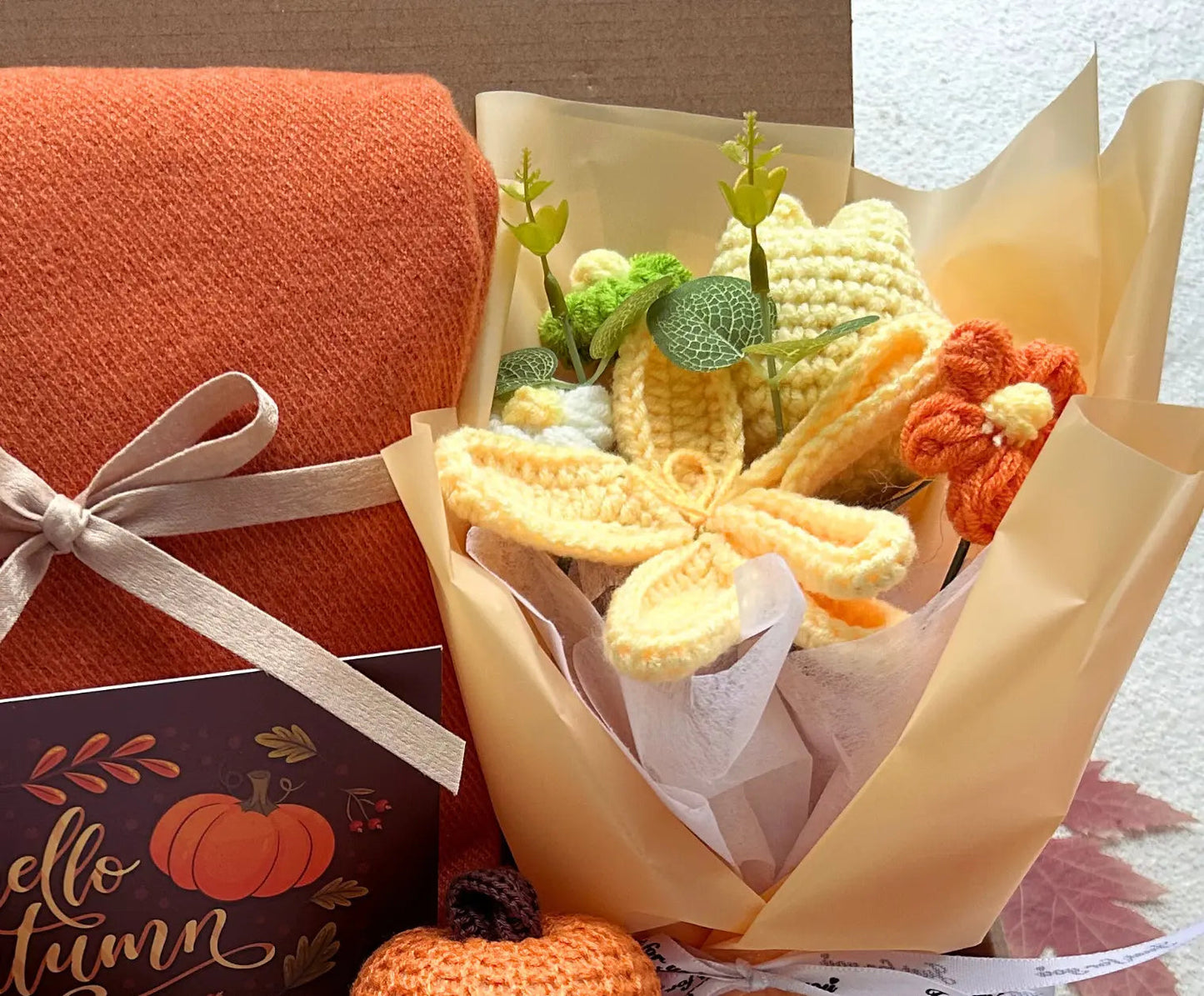 Cozy Care Package with Burnt Orange Wrap Crochet Bouquet - Basketful Gifts