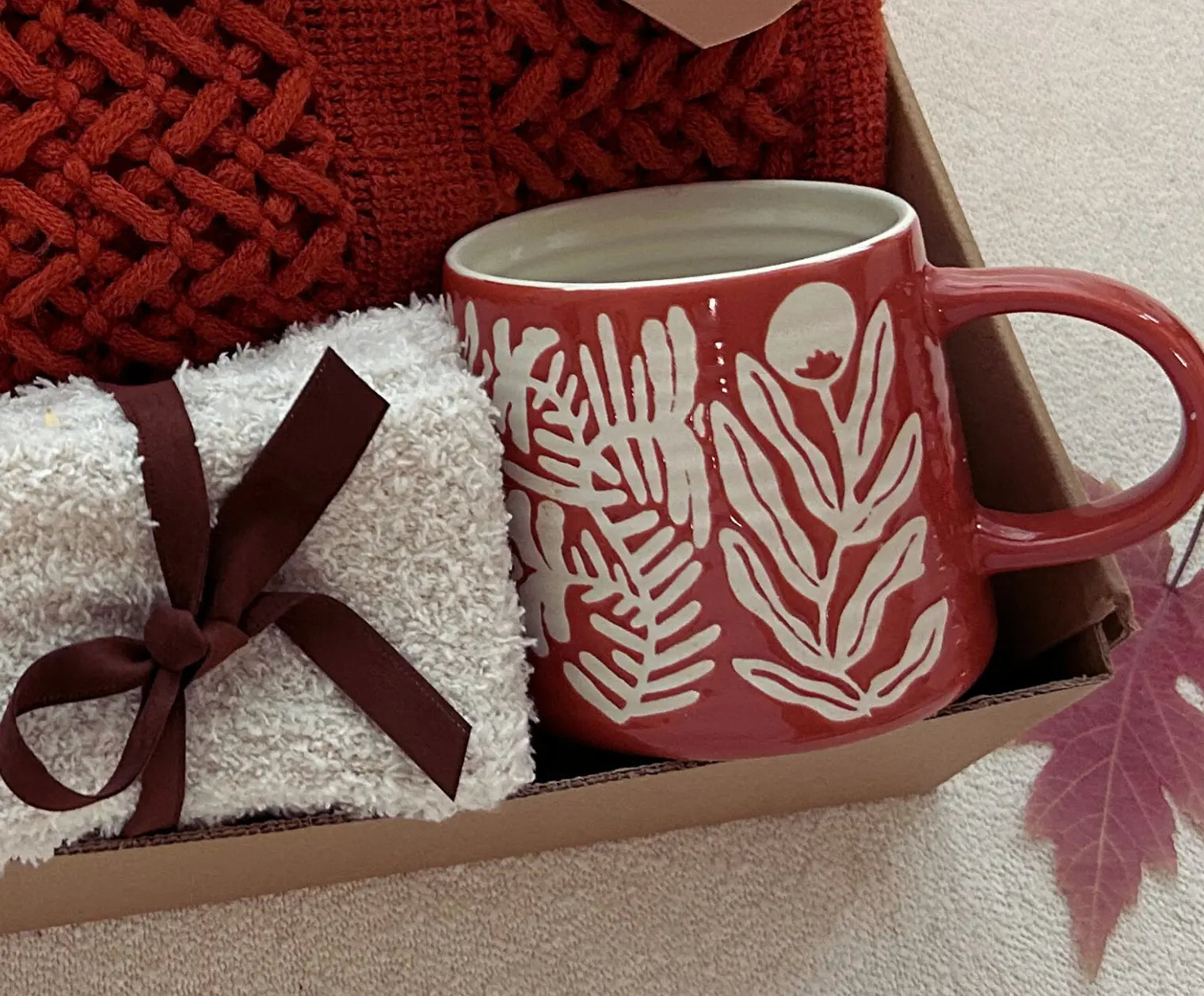 Cozy Care Package with Crochet Blanket Ceramic Mug Fall Theme Gift - Basketful Gifts