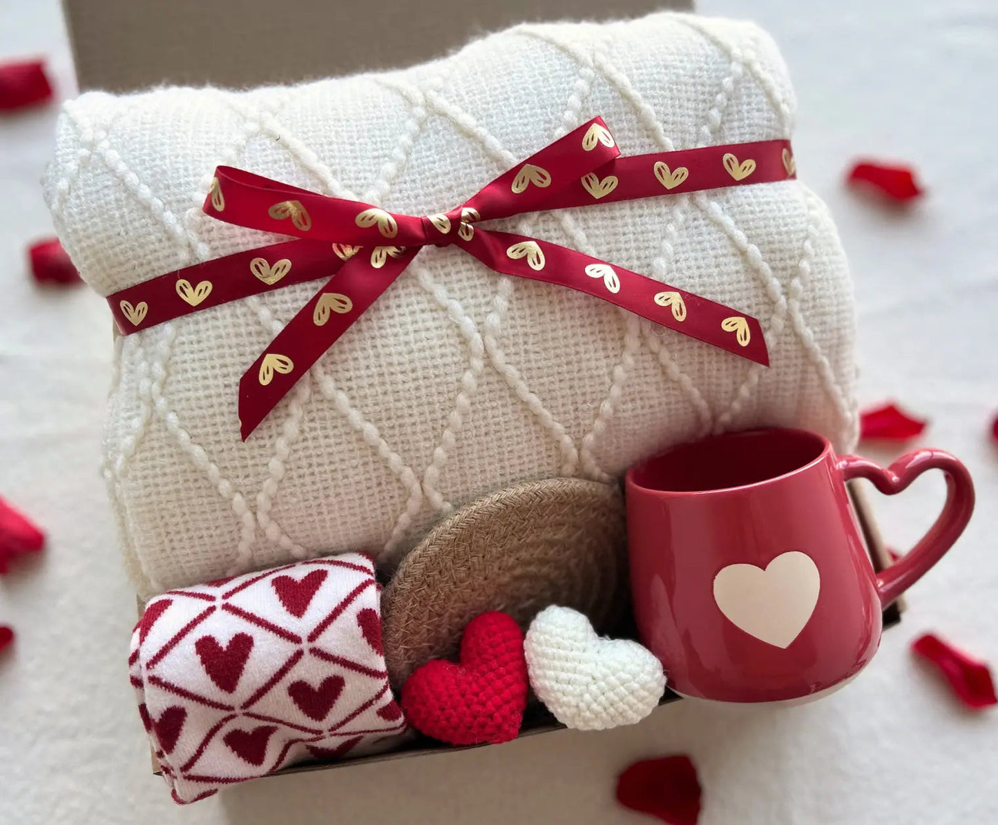 Cozy Customized Valentine Gifts – White Knit Blanket, Heart Mug, Socks & Crochet Hearts - Basketful Gifts