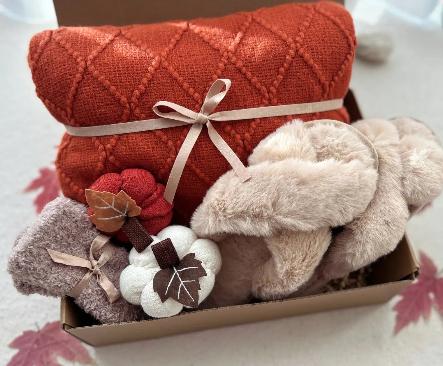 Cozy Winter and Fall Season Care Package for Women with Burnt Orange Knit Blanket & Fluffy Sleeper - Basketful Gifts