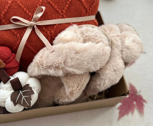 Cozy Winter and Fall Season Care Package for Women with Burnt Orange Knit Blanket & Fluffy Sleeper - Basketful Gifts