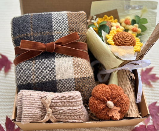 Plaid Fall Gift Basket – Cozy Scarf with Crochet Bouquet or Botanical Mug Basketful Gifts