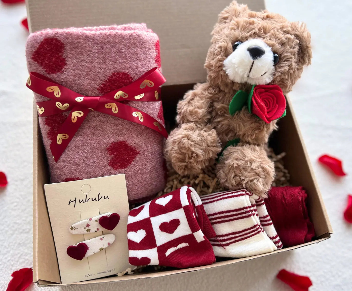 Cute Valentine Gift for Kids/Girls – Teddy Bear, Comfy Scarf & Heart Socks - Basketful Gifts