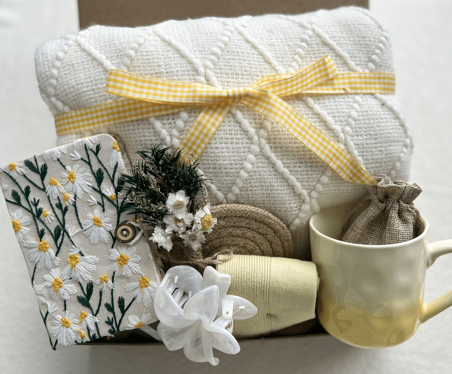 Daisy Theme Spring Self-Care Gift Box with Blanket and Cozy Accessories |Pampering Package - Basketful Gifts