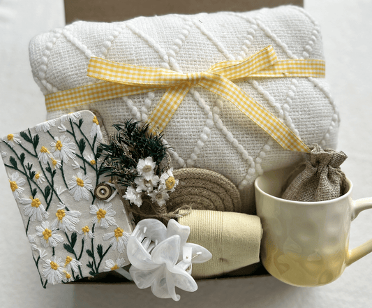 Daisy Theme Spring Self-Care Gift Box with Blanket and Cozy Accessories |Pampering Package - Basketful Gifts