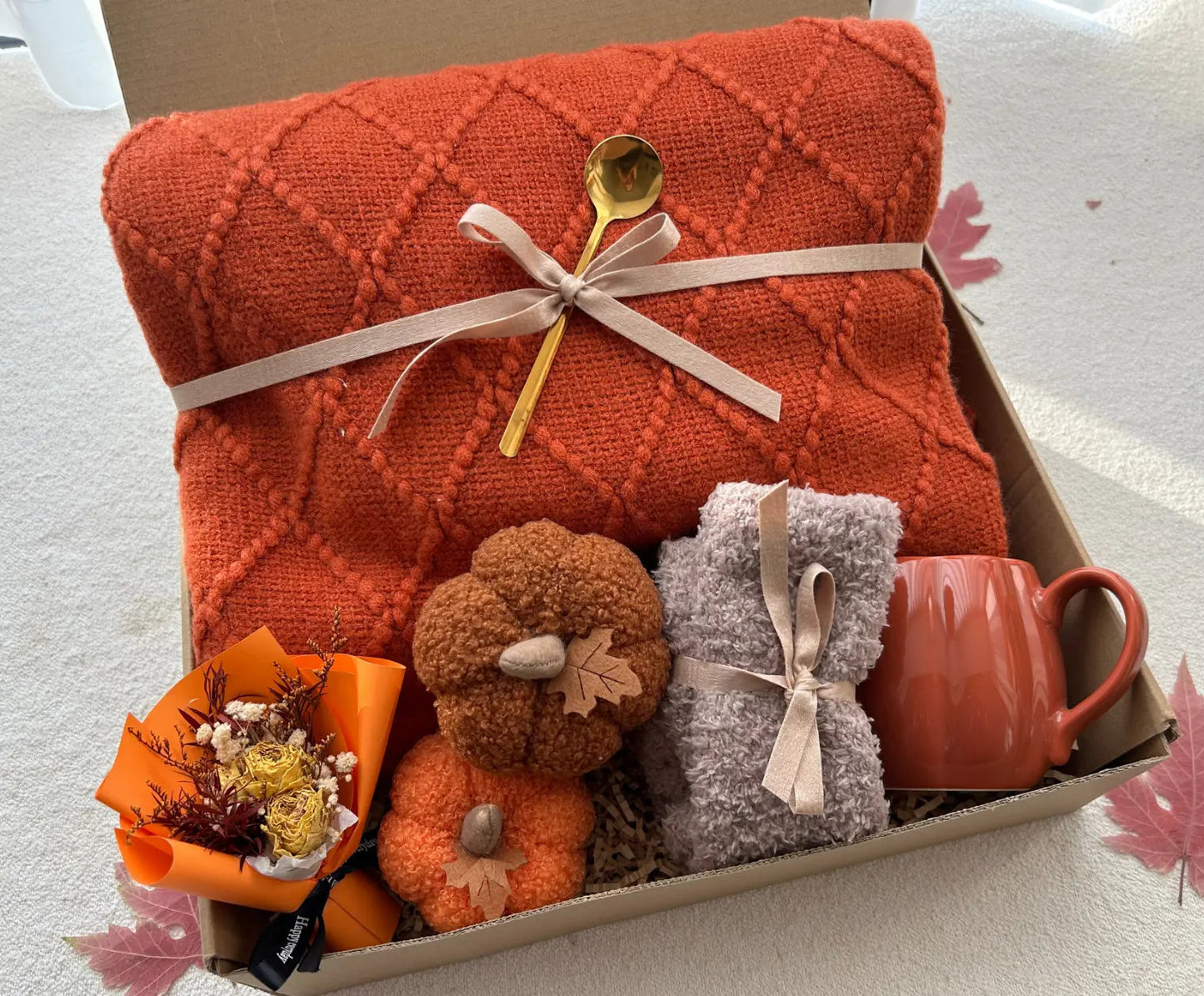 Fall Season Basket for Friends and Family with Blanket & Pumpkin Mug - Basketful Gifts