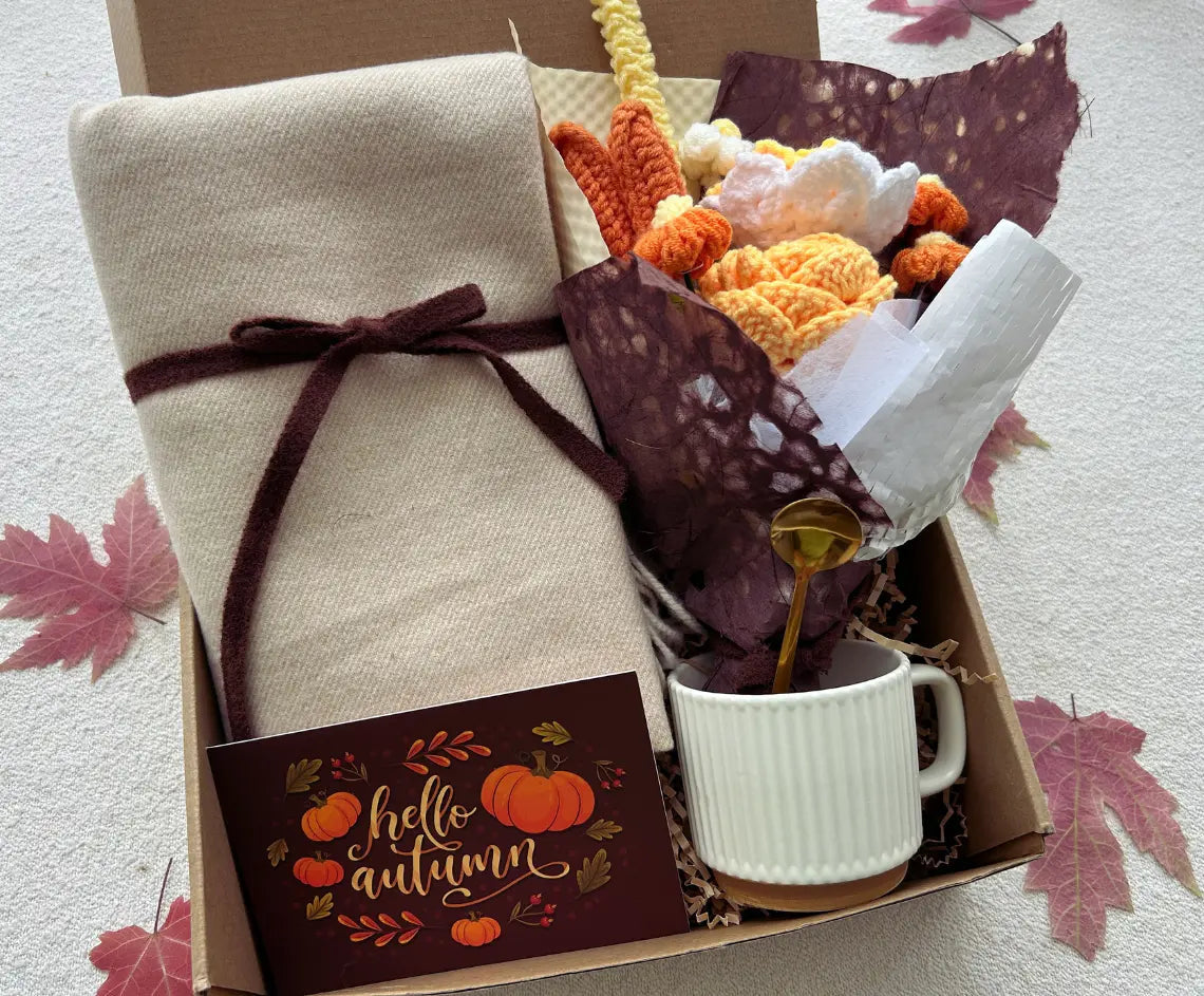 Fall Season Cozy Care Package with Crochet Flower Bouquet - Basketful Gifts