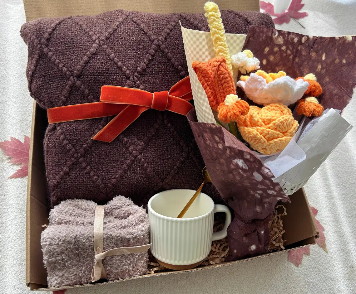 Fall Sympathy Gift Baskets for Her/Him with Crochet Bouquet and Comfort Blanket - Basketful Gifts