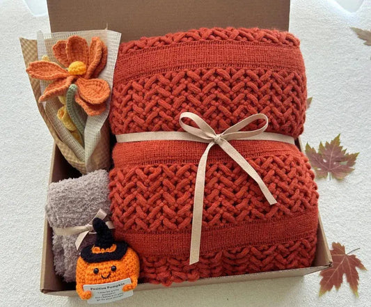 Fall Theme Care Package with Crochet Flower Bouquet - Basketful Gifts