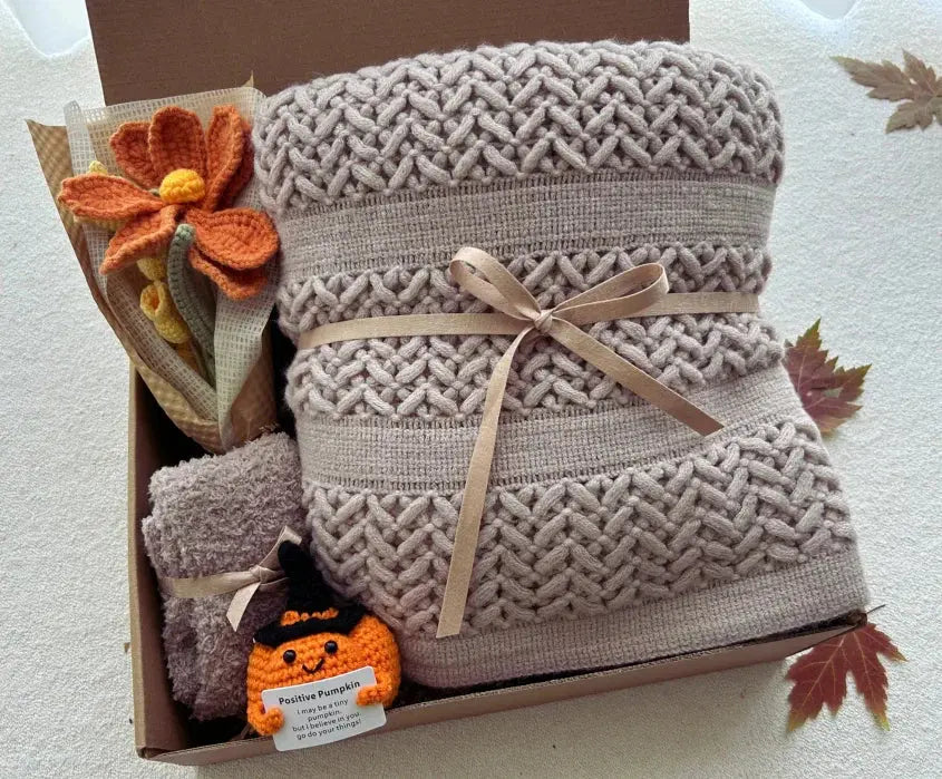 Fall Theme Care Package with Crochet Flower Bouquet - Basketful Gifts