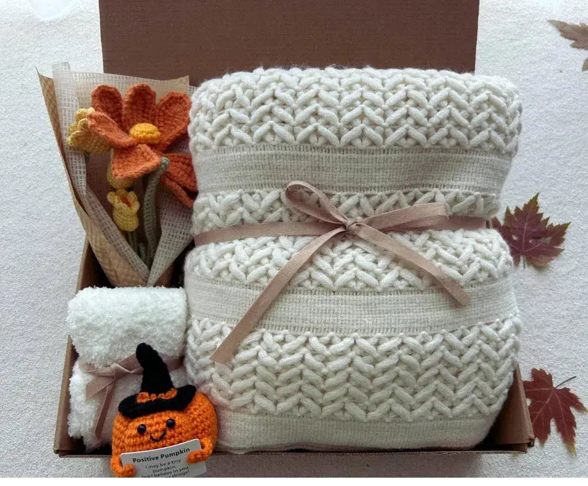 Fall Theme Care Package with Crochet Flower Bouquet - Basketful Gifts