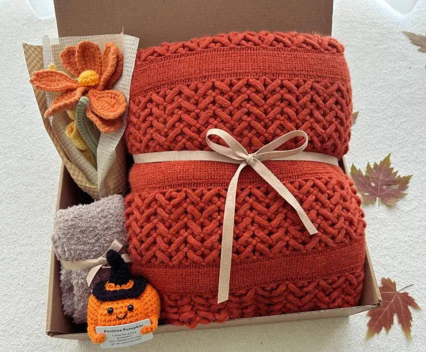 Fall Theme Care Package with Crochet Flower Bouquet - Basketful Gifts