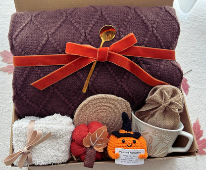 Fall sympathy gift basket with cozy blanket and warm mug in autumn tones - Basketful Gifts
