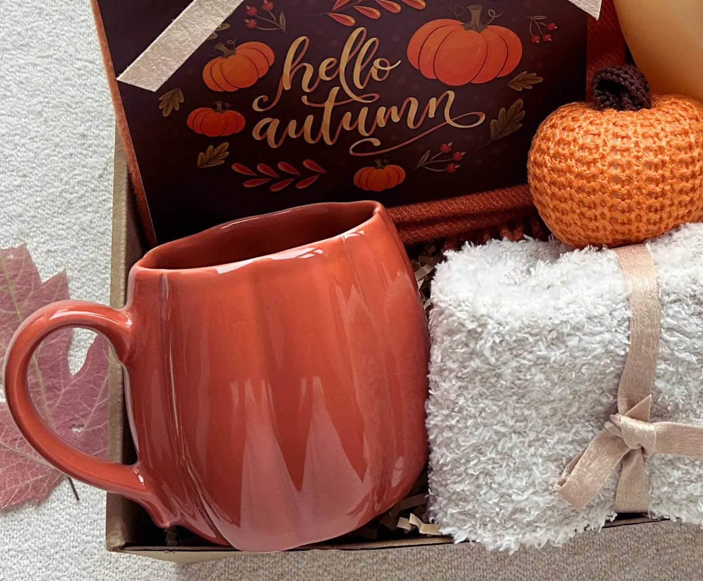 Fall Vibe Care Package with Burnt Orange Wrap and Cozy Fluffy Slipper - Basketful Gifts