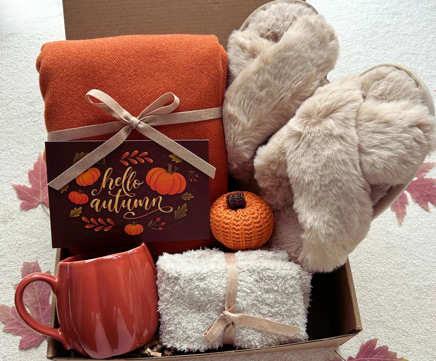 Fall Vibe Care Package with Burnt Orange Wrap and Cozy Fluffy Slipper - Basketful Gifts