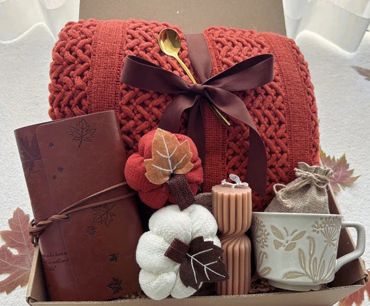 Cozy Fall Gift Basket with Blanket and Pumpkin,Boho Aesthetic Gift Basket for Women
