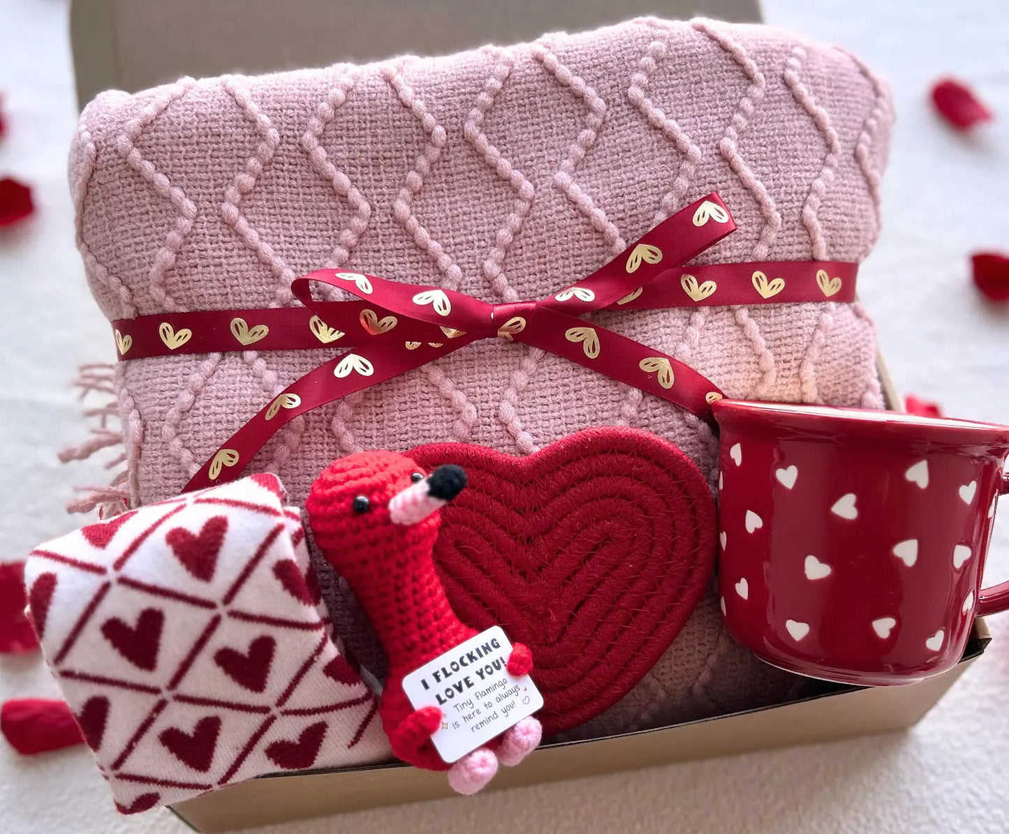 Galentine’s Day Gift Basket for Best Friend – Cozy Blanket, Heart Mug, Socks & Crochet Heart - Basketful Gifts