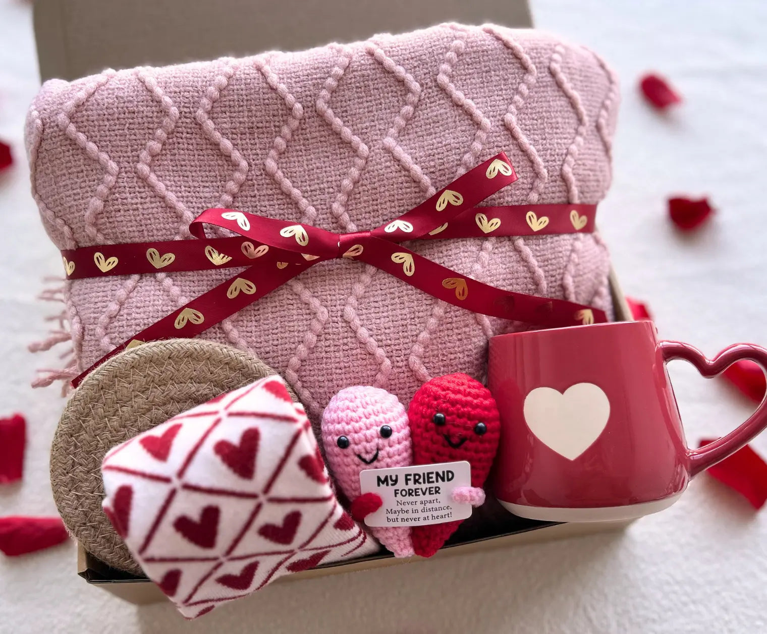 Galentine’s Day Gift Basket for Best Friend – Cozy Blanket, Heart Mug, Socks & Crochet Heart - Basketful Gifts