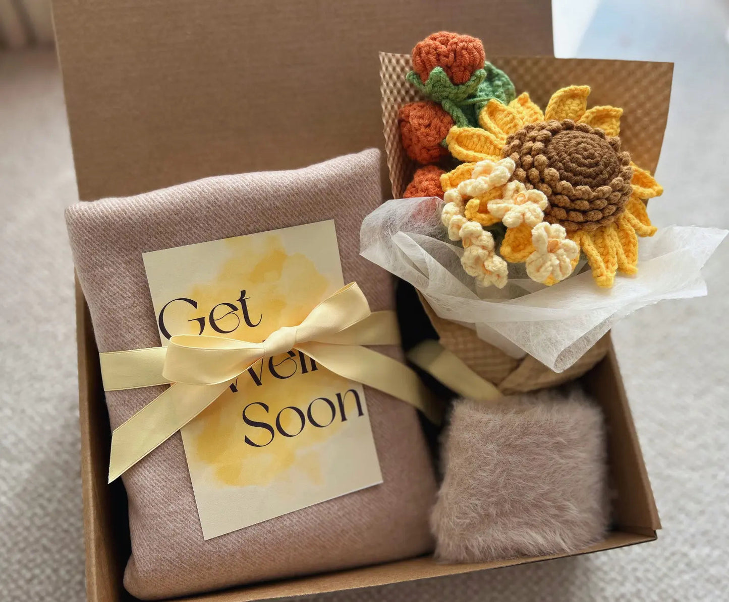Get Well Soon Gift Baskets for Her-Cozy Warm Scarf and Crochet Sunflower Bouquet - Basketful Gifts