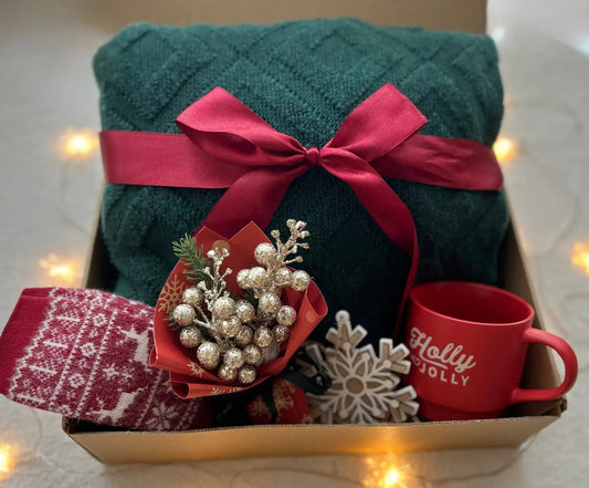 Gift Basket Christmas - Cozy Blanket & Wool Holiday Socks - Basketful Gifts