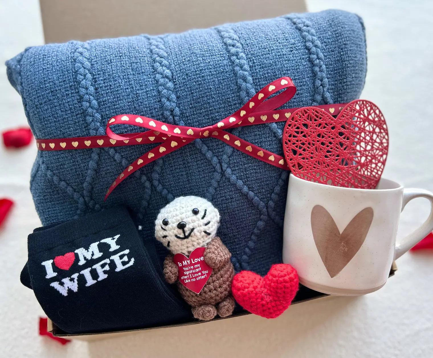 Gift Baskets for Valentine's Day for Him – Navy Blue Knit Blanket, Heart Mug, Love Socks & Keepsake - Basketful Gifts
