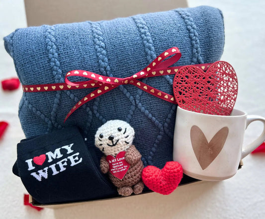 Gift Baskets for Valentine's Day for Him – Navy Blue Knit Blanket, Heart Mug, Love Socks & Keepsake - Basketful Gifts