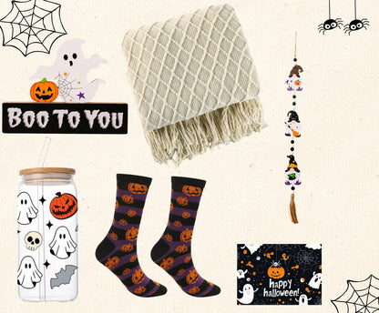 Halloween Gift Basket with Blanket Pumpkin Glass Tumbler - Basketful Gifts