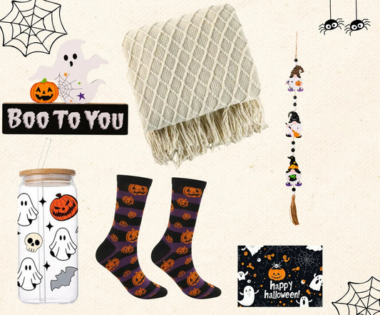 Halloween Gift Basket with Blanket Pumpkin Glass Tumbler - Basketful Gifts