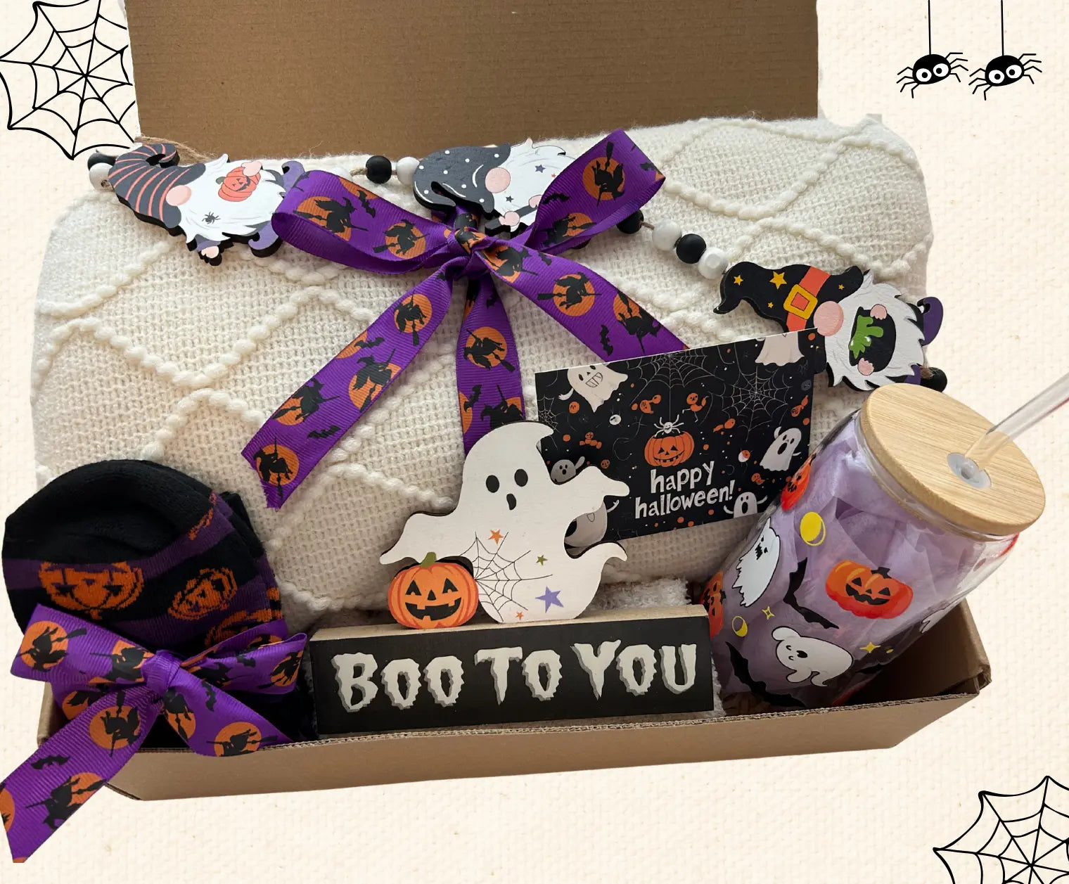 Halloween Gift Basket with Blanket Pumpkin Glass Tumbler - Basketful Gifts
