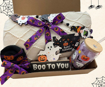 Halloween Gift Basket with Blanket Pumpkin Glass Tumbler - Basketful Gifts